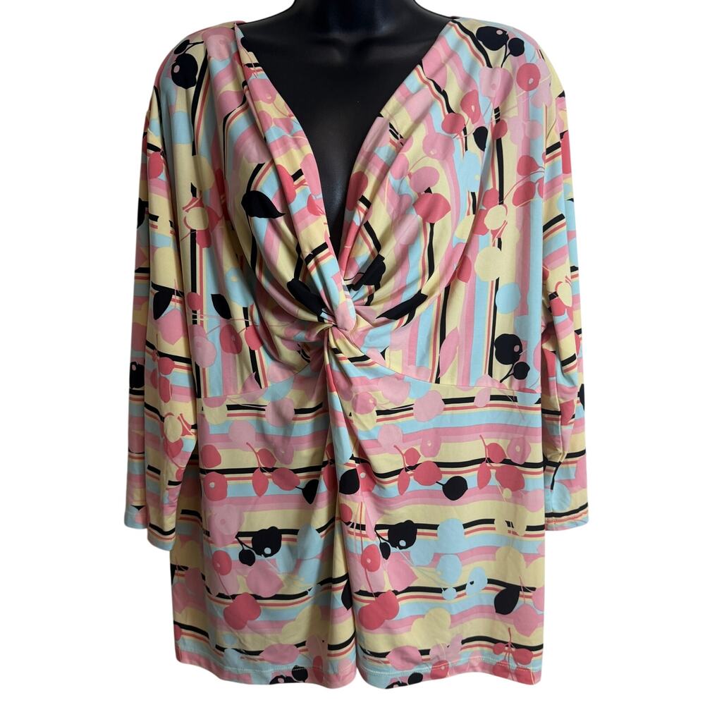 Apostrophe Woman Plus Size Top 24 26 Twist Front 3/4 V-Neck Pink Stretch EUC